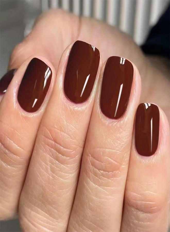 Sevgob Short Square Press on Nails Dark Brown Fake Nails with Designs Solid Color Stick on Nails Glossy Thanksgiving Day False Nails Full Cover Autumn Fall Glue on Nail for Women Girls Manicure 24Pcs - Image 1